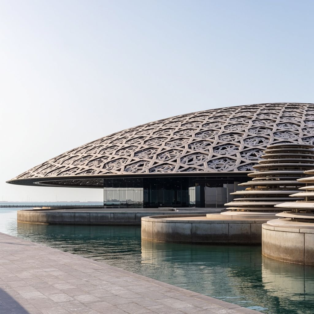 Close view of the geometric perforated dome of the Louvre Abu Dhabi
