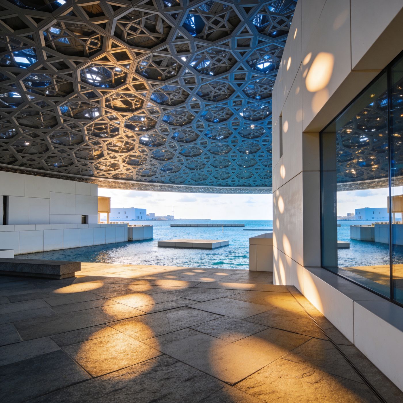 Sunlight filtering through the museum's domed lattice onto a waterfront walkway