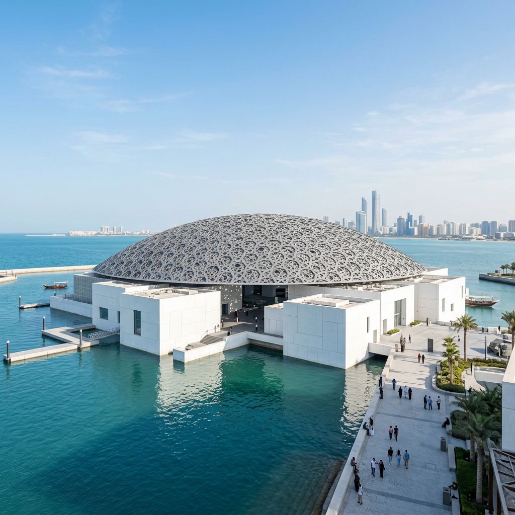 The Louvre Abu Dhabi and its silver latticework dome rising over the sea
